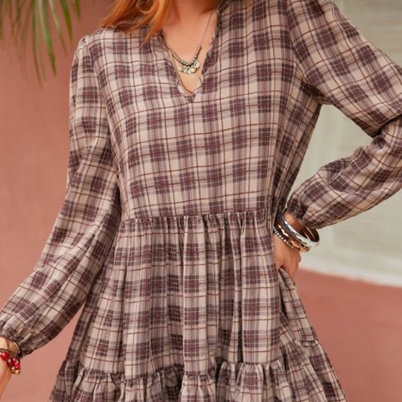 Plaid ruffle hem lantern sleeve dress Tan - Picture 6 of 7